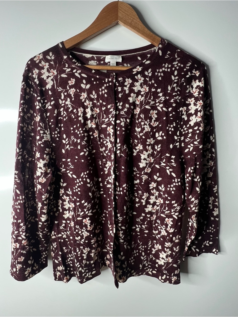 Garnet Hill 100% Merino Wool Floral Cardigan Sweater Size XL Plum Purple